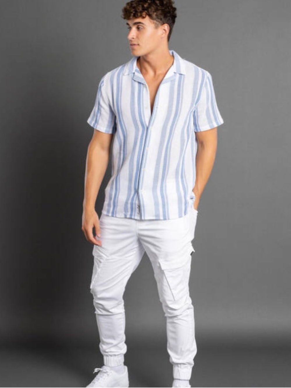 Flex Knit Short Sleeve Button Up‎ Blue White Cream Men’s Size Medium